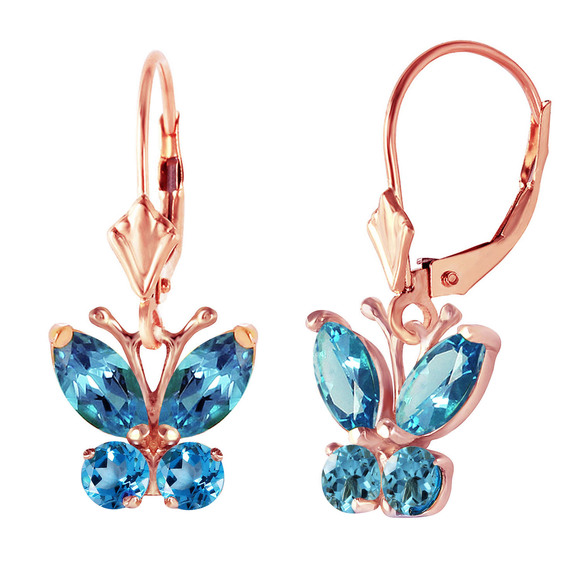 14K. SOLID GOLD BUTTERFLY EARRING WITH BLUE TOPAZ (Rose Gold) - Picture 3 of 3